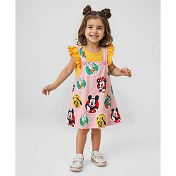 Babyhug Disney Single Jersey Knit  Sleeveless T-Shirt With Frock & Minnie & Friends Graphic & Frill Detailing - Pink