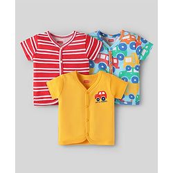 Babyhug 100% Cotton Interlock Knit Half Sleeves Antibacterial Front Open Vests With Stripes & Vehicle Print Pack Of 3 - Yellow Red & Light Blue