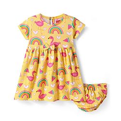 Babyhug Single Jersey Knit Half Sleeves Frock with Bloomer and Tropical Print -  Yellow