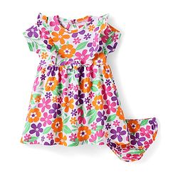 Babyhug Single Jersey Knit Half Sleeves Frock With Bloomer with Floral Print with Frill Detailing & Bow Applique - Pink Orange & White