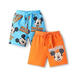 Babyhug Disney Terry Knit Shorts With Mickey Mouse Graphic Pack Of 2 - Orange & Light Blue