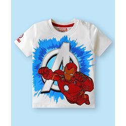 Babyhug Marvel Single Jersey Knit Half Sleeves T-Shirt & Shorts Set With Iron Man Graphics & Pocket Detailing - White & Light Blue