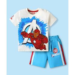 Babyhug Marvel Single Jersey Knit Half Sleeves T-Shirt & Shorts Set With Iron Man Graphics & Pocket Detailing - White & Light Blue