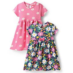 Babyhug Single Jersey Knit Half Sleeves Floral Printed Frocks with Bow Applique Pack of 2 - Navy Blue & Pink