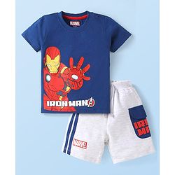 Babyhug Marvel Single Jersey Knit Half Sleeves T-Shirt & Shorts Set with Iron Man Graphics & Pocket Detailing - Blue