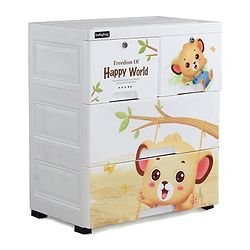 Babyhug 3 Layers High Density Plastic Storage Cabinet Teddy Print With Wheels - White