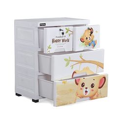 Babyhug 3 Layers High Density Plastic Storage Cabinet Teddy Print With Wheels - White