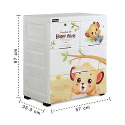 Babyhug 3 Layers High Density Plastic Storage Cabinet Teddy Print With Wheels - White