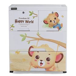 Babyhug 3 Layers High Density Plastic Storage Cabinet Teddy Print With Wheels - White