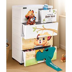 Babyhug 4 Layers High Density Plastic Storage Cabinet Teddy Print With Wheels - White