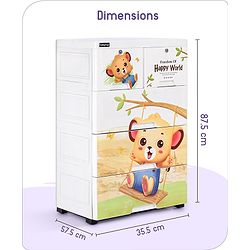 Babyhug 4 Layers High Density Plastic Storage Cabinet Teddy Print With Wheels - White