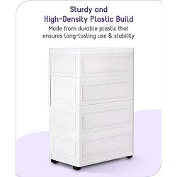 Babyhug 4 Layers High Density Plastic Storage Cabinet Teddy Print With Wheels - White