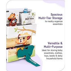 Babyhug 4 Layers High Density Plastic Storage Cabinet Teddy Print With Wheels - White