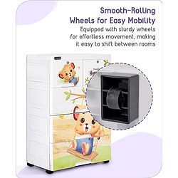 Babyhug 4 Layers High Density Plastic Storage Cabinet Teddy Print With Wheels - White