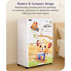 Babyhug 4 Layers High Density Plastic Storage Cabinet Teddy Print With Wheels - White