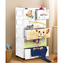 Babyhug 5 Layers High Density Plastic Storage Cabinet Teddy Print With Wheels - White