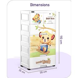 Babyhug 5 Layers High Density Plastic Storage Cabinet Teddy Print With Wheels - White