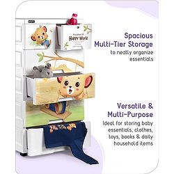 Babyhug 5 Layers High Density Plastic Storage Cabinet Teddy Print With Wheels - White