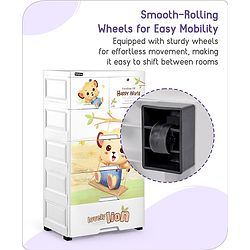 Babyhug 5 Layers High Density Plastic Storage Cabinet Teddy Print With Wheels - White