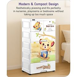 Babyhug 5 Layers High Density Plastic Storage Cabinet Teddy Print With Wheels - White