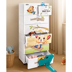 Babyhug 6 Layers High Density Plastic Storage Cabinet Teddy Print With Wheels - White