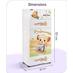Babyhug 6 Layers High Density Plastic Storage Cabinet Teddy Print With Wheels - White