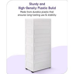 Babyhug 6 Layers High Density Plastic Storage Cabinet Teddy Print With Wheels - White