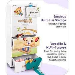Babyhug 6 Layers High Density Plastic Storage Cabinet Teddy Print With Wheels - White