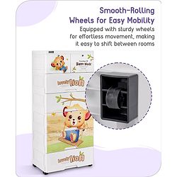 Babyhug 6 Layers High Density Plastic Storage Cabinet Teddy Print With Wheels - White