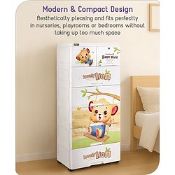 Babyhug 6 Layers High Density Plastic Storage Cabinet Teddy Print With Wheels - White