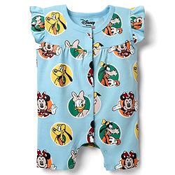 Babyhug Disney Interlock Knit Frill Sleeves Romper With Minnie & Friends Graphics - Light Blue