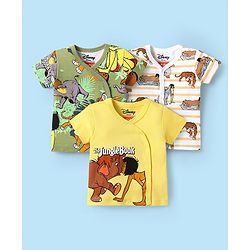Babyhug Disney Interlock Knit Front Open Half Sleeves Jhablas With Mowgli & Friends Graphics Pack Of 3 - Yellow Olive Green & Cream