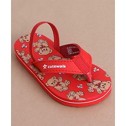 Cute Walk by Babyhug Flip Flops  with Back Strap & Bear Print - Red