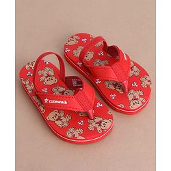 Cute Walk by Babyhug Flip Flops  with Back Strap & Bear Print - Red