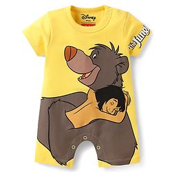 Babyhug Disney Interlock Knit Half Sleeves Romper With Mowgli & Friends Graphics - Yellow