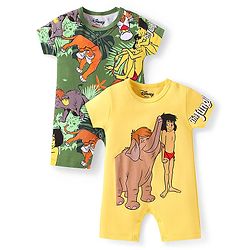 Babyhug Disney Interlock Knit Half Sleeve Romper With Mowgli & Friends Graphic Pack Of 2 - Yellow & Green