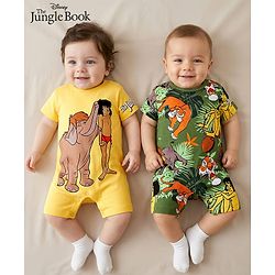 Babyhug Disney Interlock Knit Half Sleeve Romper With Mowgli & Friends Graphic Pack Of 2 - Yellow & Green