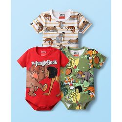 Babyhug Disney Interlock Knit Half Sleeves Onesies With Mowgli & Friends Graphics Pack of 3 - Red White & Olive Green
