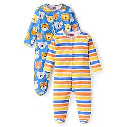 Babyhug Cotton Knit Full Sleeves Sleep Suit with Stripes and Animal Print Pack of 2 - Blue