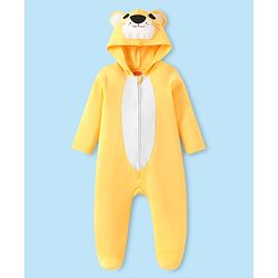 Babyhug Cotton Knit Full Sleeves Footed Sleepsuit with Bear Applique - Yellow