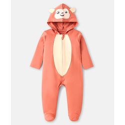 Babyhug Cotton Knit Full Sleeves Footed Sleepsuit with Hood & Bear Patch - Coral