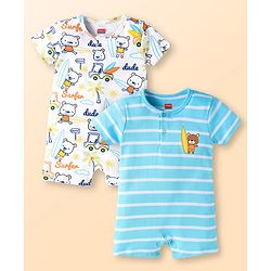 Babyhug 100% Cotton Knit Half Sleeves Romper With Stripes &  Animal Print Pack of 2 - White & Light Blue
