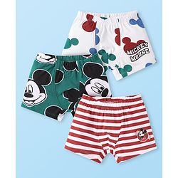 Babyhug Disney Single Jersey Knit Trunks with Mickey Mouse Graphics & Stripes Pack of 3 - White Green & Red