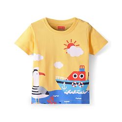 Babyhug Cotton Knit Half Sleeves T-Shirt with Boat Graphics - Yellow