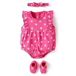 Babyhug 100% Cotton Knit Frill Sleeves Floral Printed Onesie With Headband & Booties - Dark Pink