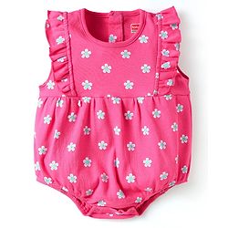 Babyhug 100% Cotton Knit Frill Sleeves Floral Printed Onesie With Headband & Booties - Dark Pink