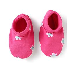 Babyhug 100% Cotton Knit Frill Sleeves Floral Printed Onesie With Headband & Booties - Dark Pink