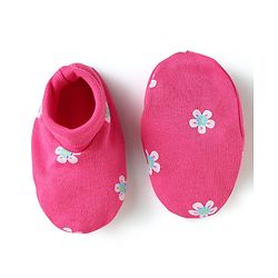 Babyhug 100% Cotton Knit Frill Sleeves Floral Printed Onesie With Headband & Booties - Dark Pink