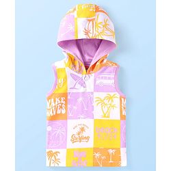 Babyhug Cotton Knit Sleeveless Hooded T-Shirt With Beach Theme Print - Multicolor