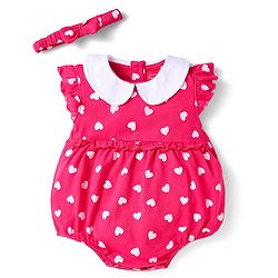 Babyhug 100% Cotton Knit Frill Sleeves Onesie With Heart Print & Headband - Dark Pink